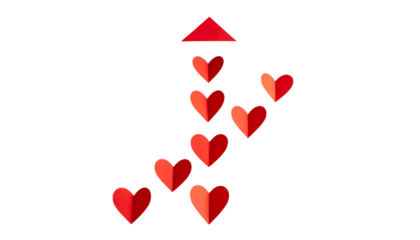 Red hearts forming an upward arrow, with a triangle head, on a black background