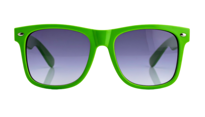 Vibrant green sunglasses with gradient lenses against a black background, slightly reflecting