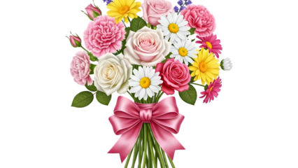 Vibrant mixed bouquet of roses daisies and wildflowers with pink ribbon