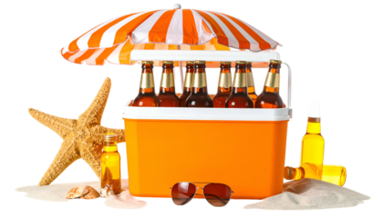 An orange cooler with beer, sunscreen, starfish, and sunglasses on sand, under a striped umbrella