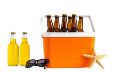 Beverages in a cooler, alongside drinks, sunglasses, and starfish, evoking summer fun