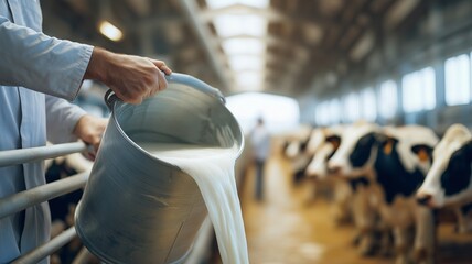 Pouring fresh milk at dairy farm, representing agriculture, dairy farming, and natural food production.