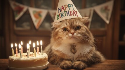 Funny Cat Celebrating Birthday with Cake and Candles