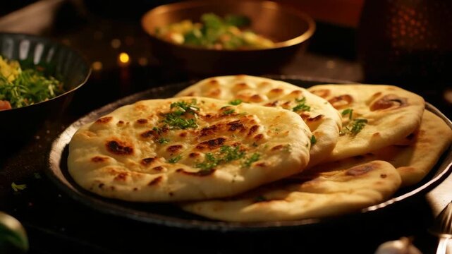 Golden brown naan bread freshly baked on a grill, with char marks and green herbs scattered across the surface.