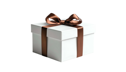 A square white gift box with brown ribbon and bow isolated on black