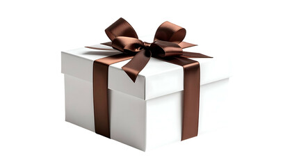 Obraz premium A white square gift box with a brown satin ribbon tied in a bow. Shadowed