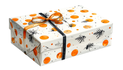 Watercolor gift box wrapped in patterned paper, tied with orange ribbon and black twine