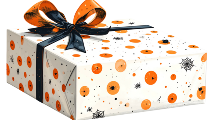Square gift box with white polka-dot wrapping and black and orange bow and accents