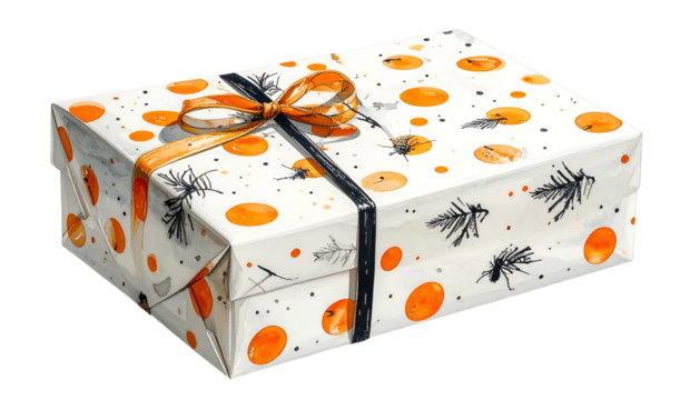 Watercolor gift box wrapped in patterned paper, tied with orange ribbon and black twine - Powered by Adobe