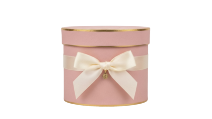 Isolated pink gift box with ribbon, gold trim – birthday or special event present idea