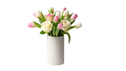 A bouquet of white and pink tulips in a tall white vase on a black background © Nurul