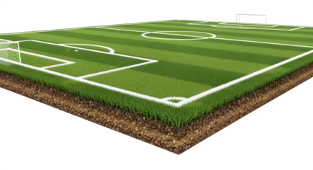 Isometric soccer field section with detailed markings and soil base isolated on transparent background