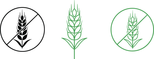 Wheat and gluten-free icons, flat vector illustration, allergy symbols, food label graphics, dietary restriction design, health-conscious elements