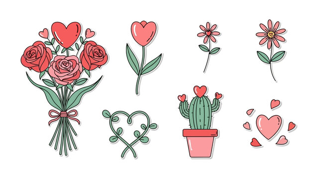Valentine's day art : Delightful illustration art of Valentine's day. A romantic assortment featuring bouquet of roses, charming tulips, blooming flowers.