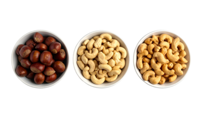 Three white bowls, each filled with a different type of nuts, sit on a black background