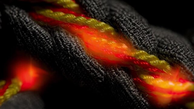 Macro shot of fireproof embroidery threads intertwined with protective gear fabric illustrating their superior heat tolerance and flameresistant properties for safety apparel.