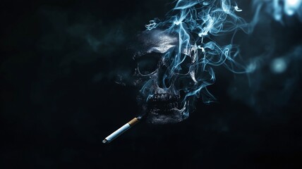 Burning cigarette with swirling smoke forming a skull, symbolizing the dangers of smoking, addiction
