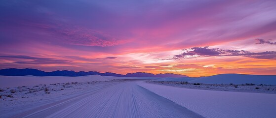 Colorful desert sunset over white sand dunes.