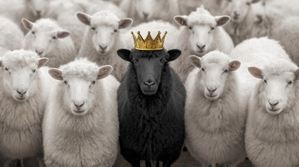 Black sheep wearing a golden crown standing confidently among white sheep, leadership