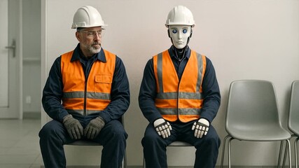 Construction worker and a robot are waiting for a job interview. AI job replacement