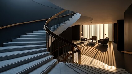 Modern staircase leading to sunlit lounge area