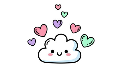 Fototapeta premium Cloud's Heartfelt Aura: A whimsical illustration depicts a smiling cloud surrounded by floating hearts, evoking a sense of warmth, love, and affection. 