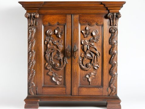 A French cupboard from the late 1700s or 1800s. It has two shaped doors with carved flowers and a twisted rope pattern. Made of walnut and fruitwood. On a white background.
