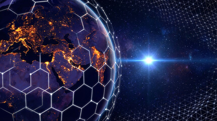 Digital globe with hexagonal grid overlay, illuminated cities, and bright light beam in space, representing technology and global connection