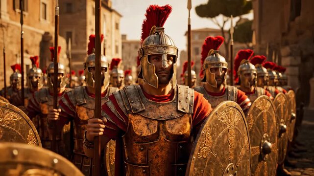 Roman soldiers in full armor marching through ancient city streets. Warriors showcase discipline and unity. Historical atmosphere enhances epic storytelling.