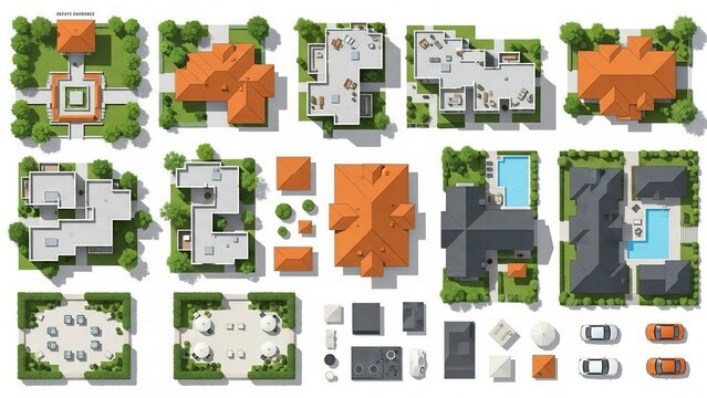 A comprehensive collection of architectural top-view elements for layout design and visualization isolated on white background