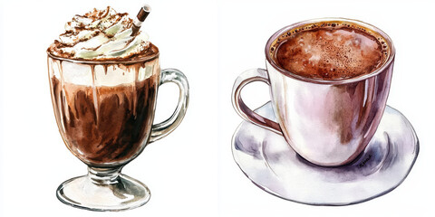 Two watercolor illustrations depict hot chocolate drinks. first shows glass mug filled with rich hot chocolate, topped with whipped cream and chocolate stick. second features ceramic cup of hot