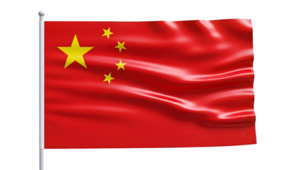 The flag of china waving isolated on transparent background with a pole