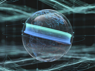Global Data Sphere: Intricate digital network converges within a transparent sphere, highlighting the interconnectedness of information flow across the globe.