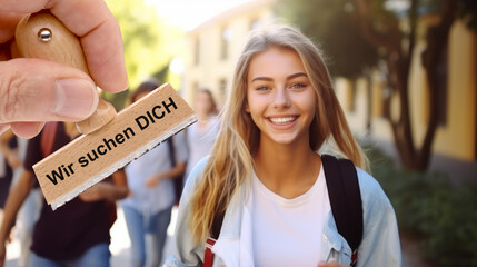 Ein Holzstempel ist beschriftet mit dem Aufdruck: Wir suchen DICH &uuml;ber dem Bild einer Studentin - FOTOMONTAGE
