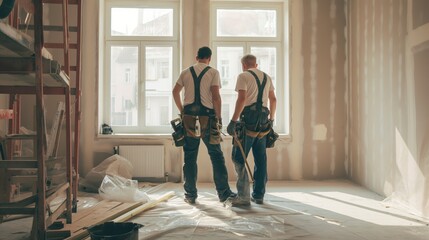 craftsmen working on a building site in a new house