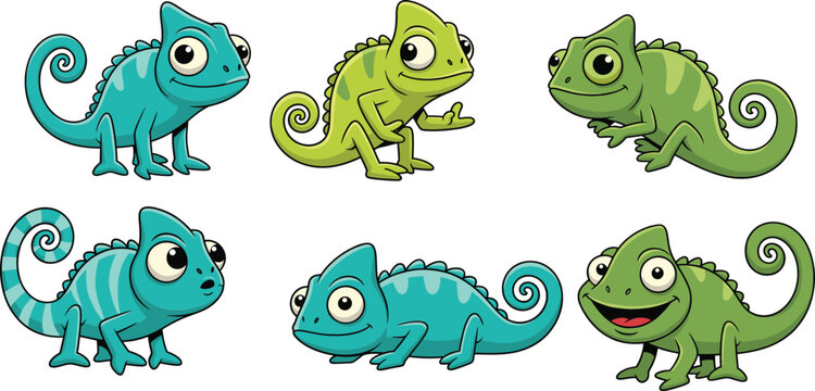 Collection of cute blue and green chameleon characters with curly tails for children nursery and exotic wildlife designs.