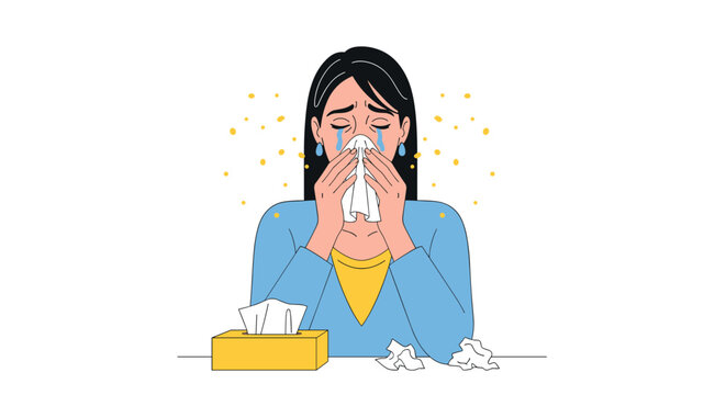 A sad woman with allergies or a cold is crying and blowing her nose with a tissue surrounded by pollen or dust particles.