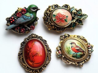 A set of 3 old-style brooches in bright colors. Includes designs with a cameo, a bird, and a Victorian theme. Great fashion pins!
