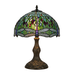 Vintage stained glass table lamp with dragonfly pattern and bronze base representing art nouveau