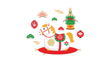 Fototapeta premium A cute white toy horse figurine with festive decorations for the Japanese New Year celebration of the Year of the Horse.