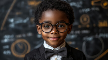 Close-up portrait of brilliant young Black student in stylish round glasses and classic bow tie, smiling confidently against blurred blackboard filled with scientific equations.