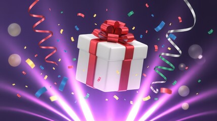 A 3D rendered magical gift box scene featuring a gift box surrounded by confetti and streamers