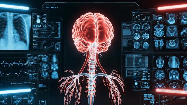 3D brain anatomy visualization for medical research. Detailed presentation of neural pathways and brain functions. Advanced technology enhances understanding of neuroscience.