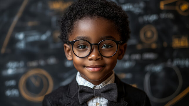 Close-up portrait of brilliant young Black student in stylish round glasses and classic bow tie, smiling confidently against blurred blackboard filled with scientific equations. - Powered by Adobe