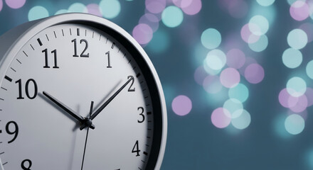 Clock face close-up with bokeh background, representing time management, deadline or countdown for an event, perfect for business or personal reminder