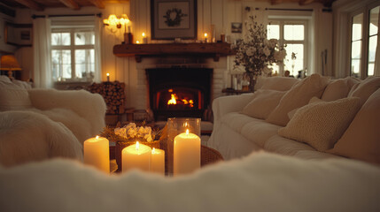 Cozy Winter Evening Living Room Scene with Burning Fireplace, Fluffy White Furnishings, and Warm Candlelight Ambiance