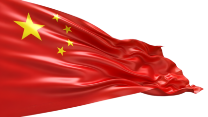 The flag of china waving in the wind isolated on transparent background with a beautiful red color and yellow stars