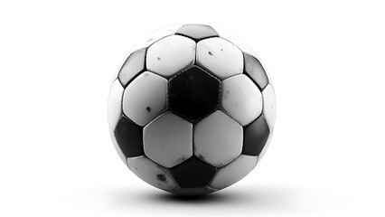 Fototapeta premium A classic, black-and-white soccer ball, slightly worn, against a bright white background, ready for action