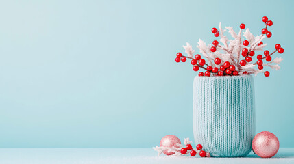 Festive winter composition with bright red holly berries and frosted branches displayed in light blue knitted vase, set against serene icy backdrop with ample copy space.
