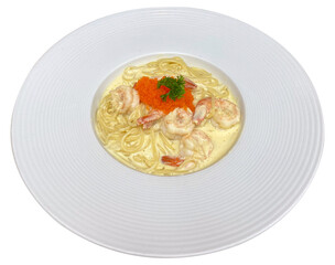 Spaghetti with ebiko in rich cream sauce and shrimp, served on a white plate, isolated on a transparent background.